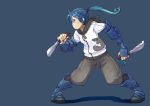  blue_eyes blue_hair boots knife peco ponytail shadow sword weapon zipper 