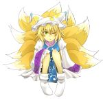  blonde_hair fox_ears fox_tail hat highres multiple_tails pakuchii short_hair socks tail touhou transparent_background wink yakumo_ran yellow_eyes 