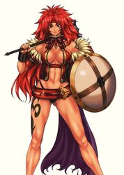  abs armlet armor beltskirt bikini_armor bracelet breasts center_opening cleavage curvy eiwa fur_trim headband highleg highleg_panties highres jewelry legs long_hair long_legs mace midriff muscle navel panties purple_eyes queen&#039;s_blade queen's_blade red_eyes red_hair redhead risty shield solo tan tattoo thick_thighs thighs toned underwear very_long_hair weapon 