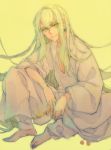  androgynous enkidu_(fate/strange_fake) fate/strange_fake fate_(series) green_eyes green_hair kkkkilth long_hair robe solo yellow_background 
