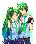  1girl absurdres ahoge bad_id closed_eyes detached_sleeves eyes_closed fingerless_gloves gloves green_eyes green_hair hatsune_miku hatsune_mikuo headset highres long_hair nail_polish necktie open_mouth skirt smile tunamizyousuke twintails very_long_hair vocaloid 