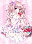  :q apple basket bow breasts cleavage dress food fruit hair_bow highres holding long_hair looking_at_viewer original pink_eyes pink_hair sitting solo soraishinya thigh-highs thighhighs tongue twintails wariza white_legwear wrist_cuffs 