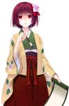  calligraphy_brush crote flower hair_flower hair_ornament hieda_no_akyuu highres japanese_clothes paintbrush parted_lips purple_hair red_eyes scroll solo touhou transparent_background 