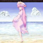  barefoot beach blue_sky capelet cloud clouds coo crescent dress dress_lift hat highres long_hair long_sleeves ocean patchouli_knowledge purple_dress purple_eyes purple_hair skirt_hold sky smile solo standing_on_one_leg touhou turning very_long_hair violet_eyes wading 