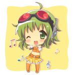 bad_id blush chibi goggles goggles_on_head green_eyes green_hair gumi headphones kumakichi_(toshigat) musical_note open_mouth short_hair skirt smile solo toshigat vocaloid wink 