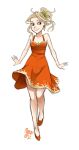  1girl bare_arms blonde_hair breasts cleavage dress earrings food_themed_clothes full_body green_eyes hair_as_food hair_bun jewelry long_hair meago noodles orange_dress original personification rough signature simple_background smile solo spaghetti white_background 