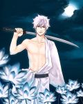  arima_(iro_rabbit) bare_shoulders flower full_moon gintama japanese_clothes katana moon red_eyes sakata_gintoki silver_hair solo sword weapon white_hair 