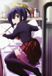  1girl absurdres bed black_legwear blazer chuunibyou_demo_koi_ga_shitai! eyepatch highres looking_at_viewer looking_back nyantype occluder official_art on_bed pillow plaid plaid_skirt skirt solo takanashi_rikka thigh-highs thighhighs zettai_ryouiki 