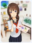 96tuki :d blue_eyes blush brown_hair chair collarbone easel holding long_hair looking_at_viewer open_mouth original paint_bucket paintbrush painting painting_(object) school_uniform serafuku skirt smile solo twintails 