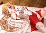  1girl asuna_(sao) blush breasts brown_eyes brown_hair long_hair looking_at_viewer lying on_back skirt smile solo sword_art_online thighhighs umitsubame white_legwear yuuki_asuna 