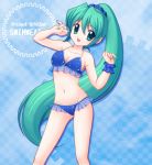  alternate_hairstyle aoya_(hoshixii) bikini checkered checkered_background green_eyes green_hair hatsune_miku long_hair navel open_mouth ponytail project_diva project_diva_2nd solo swimsuit very_long_hair vocaloid 