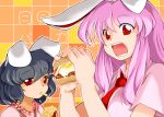  animal_ears bacon black_hair bunny_ears chips eating food french_fries fried_egg hamburger holding inaba_tewi long_hair multiple_girls necktie open_mouth outline pink_hair rabbit_ears red_eyes reisen_udongein_inaba shirt short_hair suzu_(suzuko) touhou white_shirt 