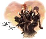  2boys axel black_hair blonde_hair blue_eyes boots cloak closed_eyes eyes_closed food gloves green_eyes highres ice_cream kingdom_hearts kingdom_hearts_358/2_days male multiple_boys naoko1215 open_mouth organization_xiii red_hair redhead roxas short_hair sitting smile xion_(kingdom_hearts) 