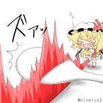  &gt;_&lt; :3 black_eyes blonde_hair blush crystal fang flandre_scarlet hat lowres open_mouth rebecca_(keinelove) red_eyes rice_spoon short_hair solo spoon touhou wings x3 