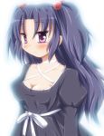  breasts clannad cleavage dress hair_bobbles hair_ornament ichinose_kotomi long_hair purple_eyes shishinon twintails two_side_up violet_eyes 