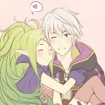  1boy 1girl ^_^ brown_eyes cape carrying closed_eyes fire_emblem fire_emblem:_kakusei gloves green_hair heart my_unit nowi_(fire_emblem) one_eye_closed pointy_ears ponytail princess_carry smile spoken_heart tusia white_hair 