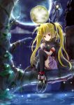  bardiche blonde_hair cape fate_testarossa hair_ribbon highres light_smile long_hair lyrical_nanoha mahou_shoujo_lyrical_nanoha moon no_nose red_eyes ribbon rikkunia skirt solo thigh-highs thighhighs tree twintails water 