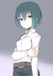  aqua_hair belt dress_shirt expressionless highres holding_arm kino kino_no_tabi looking_down motorii shirt short_hair 