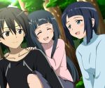  2girls :d ^_^ black_eyes black_hair blue_eyes blush closed_eyes collarbone eyes_closed kamelie kirito long_hair multiple_girls open_mouth piggyback sachi_(sao) short_hair smile sword_art_online what_if yui_(sao) 