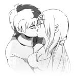  1girl bare_shoulders breasts cleavage closed_eyes eyes_closed fate/stay_night fate_(series) genderswap gilgamesh kiss kotomine_kirei large_breasts long_hair lowres monochrome re-ema 