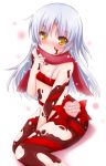  1girl angel_beats! blush chibinon chocolate flat_chest highres long_hair naked_ribbon ribbon silver_hair tachibana_kanade valentine yellow_eyes 