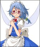  ballpoint_pen_(medium) blue_hair border bow fairy_maid glasses hair_bow hands_together looking_at_viewer maid_headdress marker_(medium) pastel_(medium) pointy_ears puffy_sleeves red_eyes s-syogo shikishi simple_background skirt smile solo touhou traditional_media wings 
