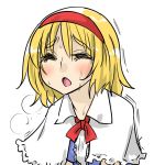  alice_margatroid blonde_hair blush capelet closed_eyes commentary dress eyes_closed open_mouth seki_(red_shine) short_hair solo sweat touhou trembling 