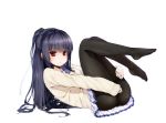  ass black_hair black_legwear copyright_request covering covering_crotch deliverer! feet highres long_hair looking_at_viewer lying mikogami_mikoto no_shoes on_back pantyhose red_eyes school_uniform skirt solo sweater uttt white 