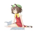  animal_ears bespectacled book brown_eyes brown_hair cat_ears cat_tail chen glasses looking_at_viewer nakashino_setsu open_book short_hair simple_background sitting socks solo tail touhou white_background 