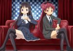  akemi_homura alternate_costume black_hair bow cap_(artist) checkered checkered_background couch crossed_legs dress formal hair_bow hairband long_hair looking_at_viewer mahou_shoujo_madoka_magica multiple_girls ponytail purple_eyes red red_eyes red_hair redhead sakura_kyouko sitting suit thigh-highs thighhighs violet_eyes 