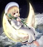 adworse barefoot blonde_hair cloud clouds crescent_moon dress drill_hair flower hat luna_child moon open_mouth short_hair smile solo star touhou yellow_eyes 