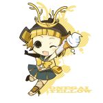  blonde_hair character_name chibi misaki_(1n1m) onegai!_ranking onegai_yellow open_mouth simple_background skirt smile solo white_background wink 