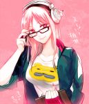  1girl bespectacled glasses ichi38 jacket kuroko_no_basuke long_hair momoi_satsuki nail_polish pink_eyes pink_hair sleeves_pushed_up solo super_sonico super_sonico_(cosplay) 