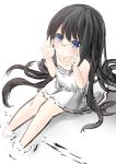  bare_shoulders black_hair blue_eyes copyright_request dress feet_in_water from_above glasses highres long_hair looking_at_viewer nekobaka over-rim_glasses semi-rimless_glasses sitting soaking_feet solo very_long_hair water white_dress 