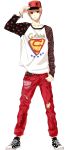  alternate_costume baseball_cap brown_hair dc_comics feiqiuxuan full_body gintama hand_on_hat hat highres male okita_sougo red_eyes s_shield shoes sneakers solo standing superman torn_clothes torn_pants 