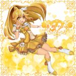  bike_shorts blonde_hair boots chibimame choker cure_peace dress kise_yayoi long_hair magical_girl open_mouth ponytail precure shorts_under_skirt skirt smile smile_precure! solo text tiara translated v wrist_cuffs yellow_dress yellow_eyes 