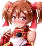  1girl bare_shoulders blush breastplate brown_hair fingerless_gloves gloves hair_ribbon kayama_kenji red_eyes ribbon rough short_twintails silica smile solo sword_art_online twintails 