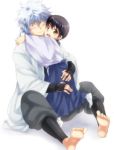  barefoot black_hair bloom blush brown_eyes cheek_press child gintama hug japanese_clothes maruki_(punchiki) multiple_boys punchiki red_hair redhead sakata_gintoki shimura_shinpachi silver_hair teenage young 