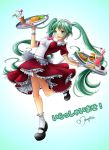  alternate_costume apron aqua_eyes breasts cake dress drink enmaided food frilled_dress frills green_hair hamburger hatsune_miku highres hot_dog impossible_clothes leaning_back long_hair maguro88 maid maid_headdress mary_janes omelet shoes smile socks solo tray twintails very_long_hair vocaloid 