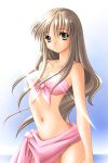  bandeau bikini_top brown_hair front-tie_top green_eyes long_hair sarong 