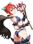  armlet armor ass back bikini_armor blue_eyes bracer butt_crack cape hair_ornament junketsu_duelion official_art original red_hair redhead scepter short_hair simple_background solo takoyaki_neko-san torn_cape white_background 