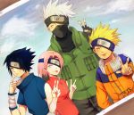  3boys :p black_hair blonde_hair closed_eyes covering_one_eye dated double_v eyes_closed fingerless_gloves forehead_protector gloves haruna_sakura haruno_sakura hatake_kakashi konohagakure_symbol mask multiple_boys naruto photo_(object) pink_hair short_hair silver_hair smile spiked_hair spiky_hair sweatdrop team7 tongue track_jacket uchiha_sasuke umeji_(artist) uzumaki_naruto v wristband 