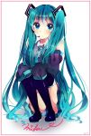  boots detached_sleeves hands_on_knees hatsune_miku headset long_hair looking_at_viewer rinndouk solo thigh-highs thigh_boots thighhighs very_long_hair vocaloid 