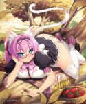  :o animal_ears arm_support bad_id blue_eyes blush cat_ears cat_tail character_request chin_rest copyright_notice cygames glasses in_tree looking_at_viewer lying mel/a no_panties on_stomach pink_hair shingeki_no_bahamut sitting sitting_in_tree solo tail thigh-highs thighhighs tomato tree water watermark white_legwear 