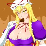  1girl blonde_hair breasts bust chocolate chocolate_heart choker cleavage commentary_request dress elbow_gloves frilled_dress frills gloves hat hat_ribbon heart heart-shaped_pupils highres huge_breasts lactone long_hair looking_at_viewer mob_cap mouth_hold one_eye_closed puffy_short_sleeves puffy_sleeves purple_dress ribbon ribbon_choker short_sleeves solo symbol-shaped_pupils taut_clothes taut_dress touhou valentine white_gloves yakumo_yukari yellow_eyes 