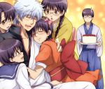  4girls black_hair braid brown_eyes cake drooling food genderswap gintama glasses japanese_clothes kimono maruki_(punchiki) multiple_boys multiple_girls multiple_persona obi punchiki red_eyes sakata_gintoki school_uniform serafuku shimura_shinpachi silver_hair sweatdrop twin_braids 