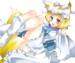  :d animal_ears blonde_hair blush brown_eyes fang feet fox_ears fox_tail heart mitsuami multiple_tails no_shoes open_mouth simple_background smile socks solo tail touhou white_background yakumo_ran 