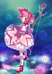  blush bow bow_(weapon) bubble_skirt dress flower gloves hair_bow hair_ribbon kaname_madoka kneehighs magical_girl mahou_shoujo_madoka_magica musukichi pink_eyes pink_hair red_eyes ribbon ribbon_choker ripples rose short_twintails solo twintails weapon 