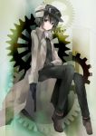  black_hair boots coat expressionless formal gears gloves goggles goggles_on_hat gun hat kino kino_no_tabi nor2012 pistol sitting suit weapon 