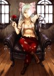  boots bow breasts chair cross-laced_footwear crossed_legs flower fujiwara_no_mokou full_body hair_bow indoors legs_crossed nail_polish ninny-world open_clothes open_shirt pants rose sarashi sitting sleeves_rolled_up solo touhou window 
